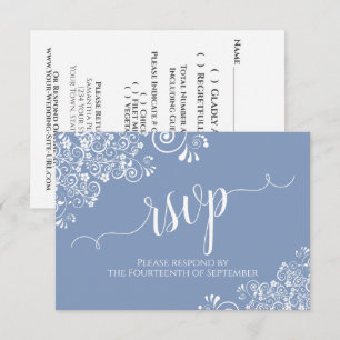 White Lace Dusty Blue Elegant Calligraphy Wedding RSVP Card