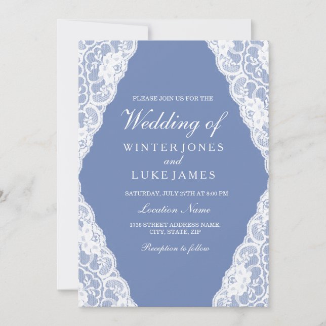 White Lace Dusty Blue Elegant Wedding Invite (Front)