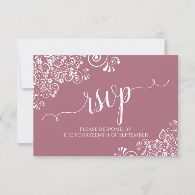 White Lace Dusty Rose Elegant Calligraphy Wedding RSVP Card (Front)