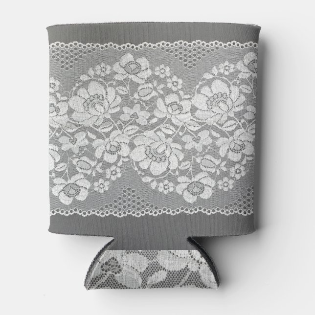 White lace fabric, grey background texture. can cooler (Front)