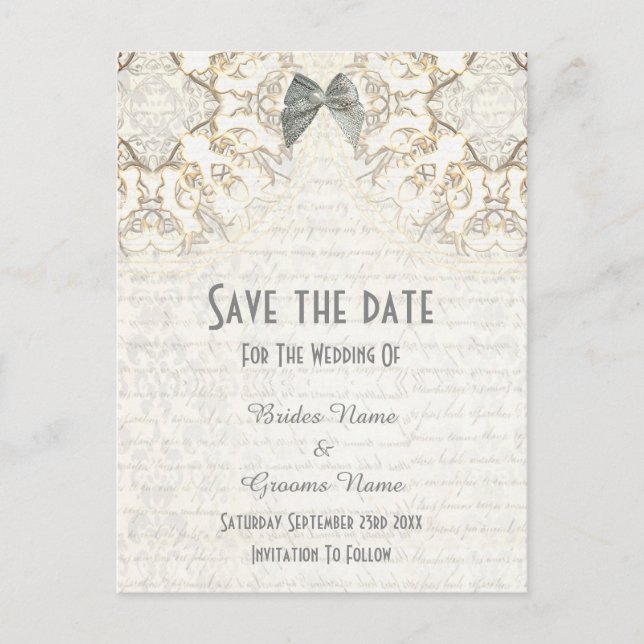 White lace filigree parchment save the date announcement postcard (Front)