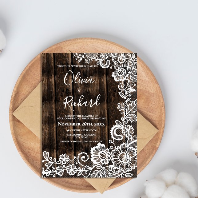 White Lace Floral Rustic Wood Wedding Invitation (White Lace Floral Rustic Wood Wedding Invitation Postcard)