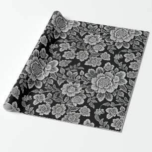 White Lace Florals on Black Wrapping Paper