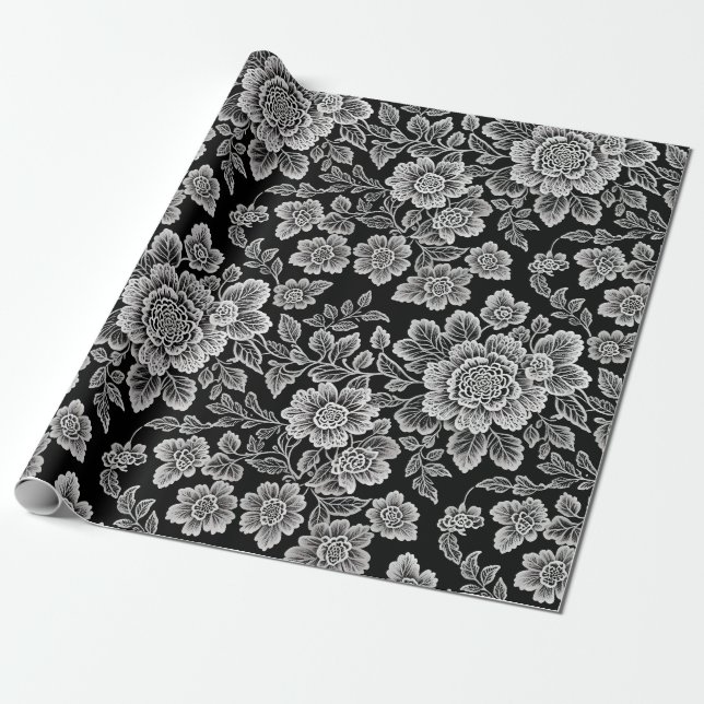 White Lace Florals on Black Wrapping Paper (Unrolled)