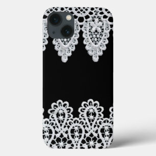 White lace forms a delicate border against black iPhone 13 case