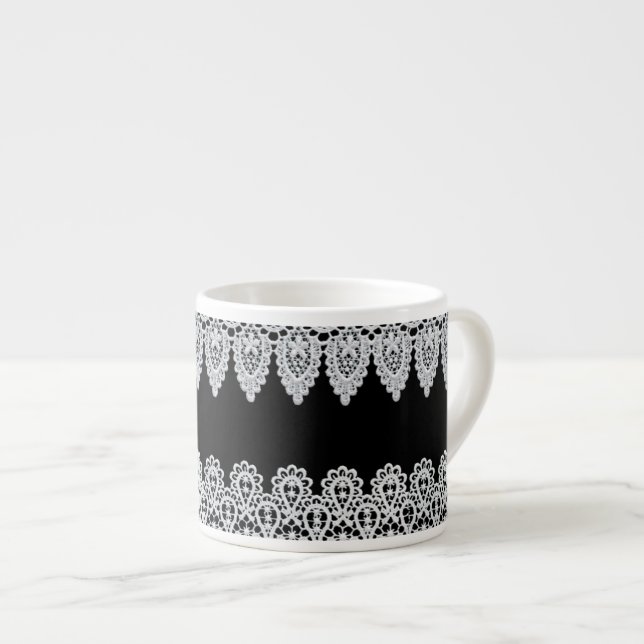 White lace forms a delicate border against black espresso cup (Front Right)
