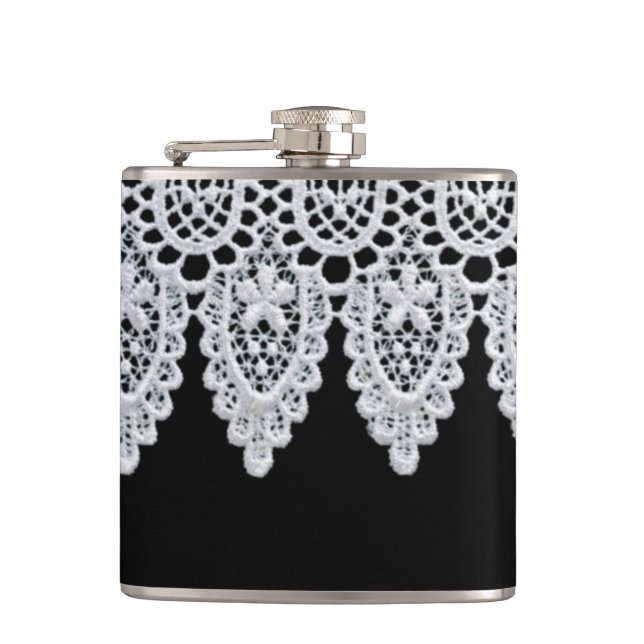 White lace forms a delicate border against black hip flask (Front)