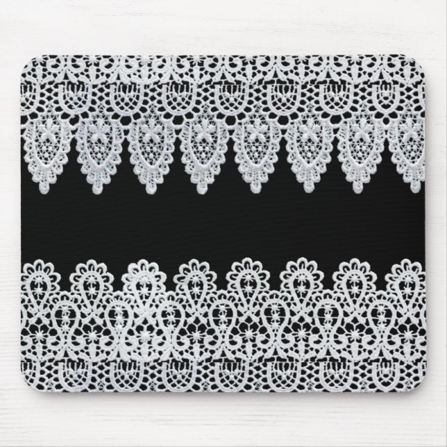 White lace forms a delicate border against black mouse pad (Front)