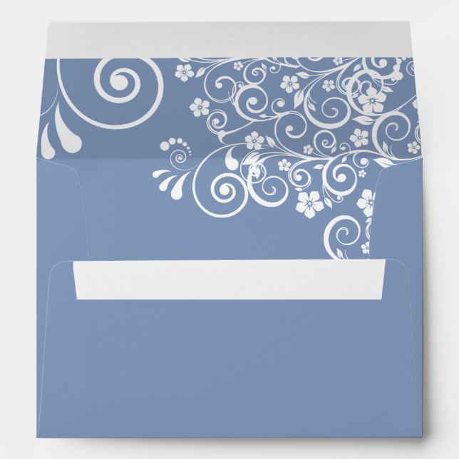 White Lace Frills on Dusty Blue Elegant Wedding Envelope (Back (Bottom))