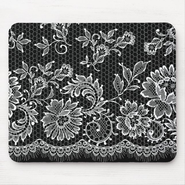 White Lace Fringe On Black Mouse Pad (Front)