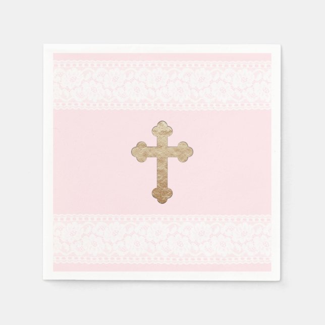 White Lace Gold Cross Pink Religious Paper Napkin (Front)