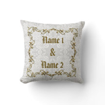 White Lace & Gold Wedding Custom Names Date Pillow