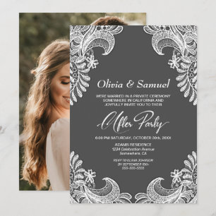 White Lace Grey Custom Photo Wedding After Party Invitation