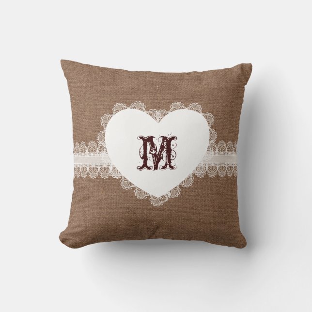 White Lace Heart Monogram on Burlap - Shabby Chic Throw Pillow (Front)