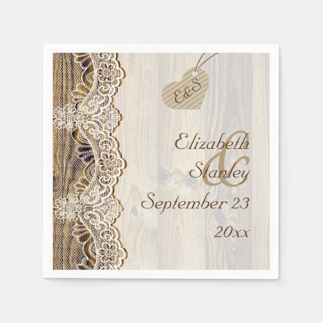 White lace & heart on wood rustic wedding napkin (Front)