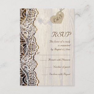 White lace & heart on wood wedding RSVP Card