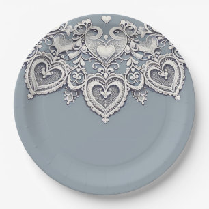 White Lace Hearts Romantic Charm Bridal Shower  Paper Plate