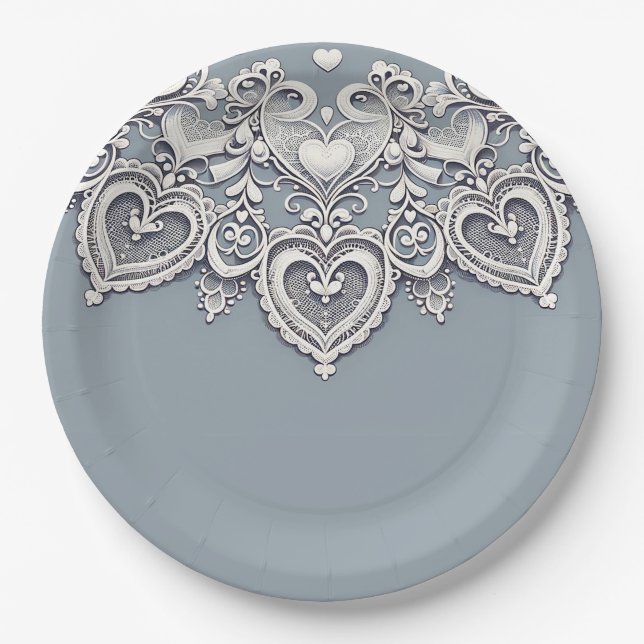 White Lace Hearts Romantic Charm Bridal Shower  Paper Plate (Front)