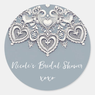 White Lace Hearts Romantic Charm Bridal Shower wed Classic Round Sticker