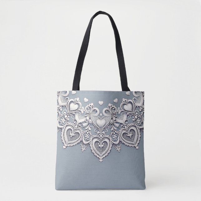 White Lace Hearts Romantic Charm Elegant Tote Bag (Front)