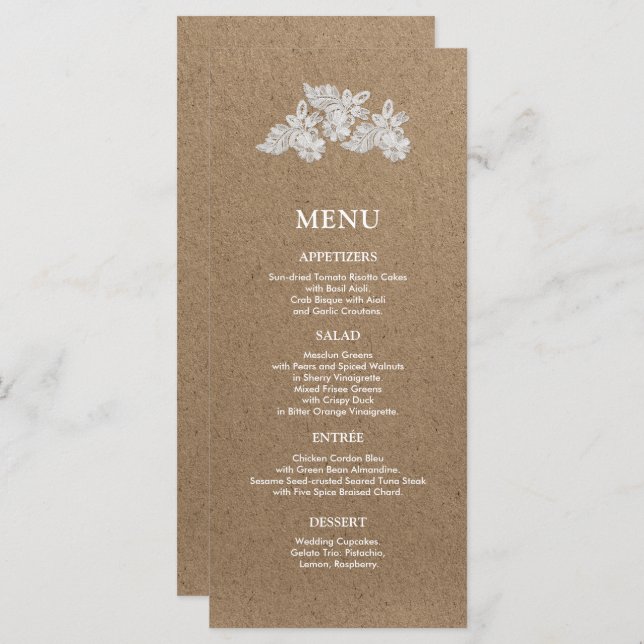 White Lace | Kraft Paper Wedding Menu Cards (Front/Back)