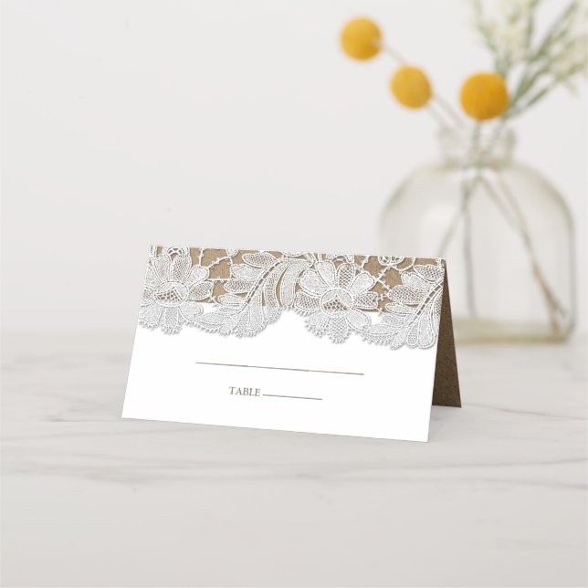 White Lace | Kraft Paper Wedding Table Place Cards (Front)