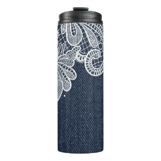 WHITE LACE LOOK ON BLUE DENIM LOOK TEXTURES THERMAL TUMBLER