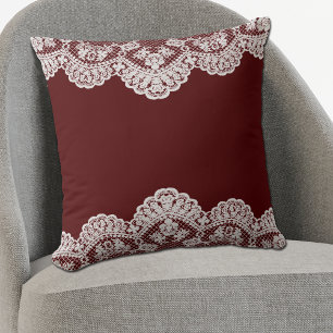 White Lace Maroon Throw Pillow