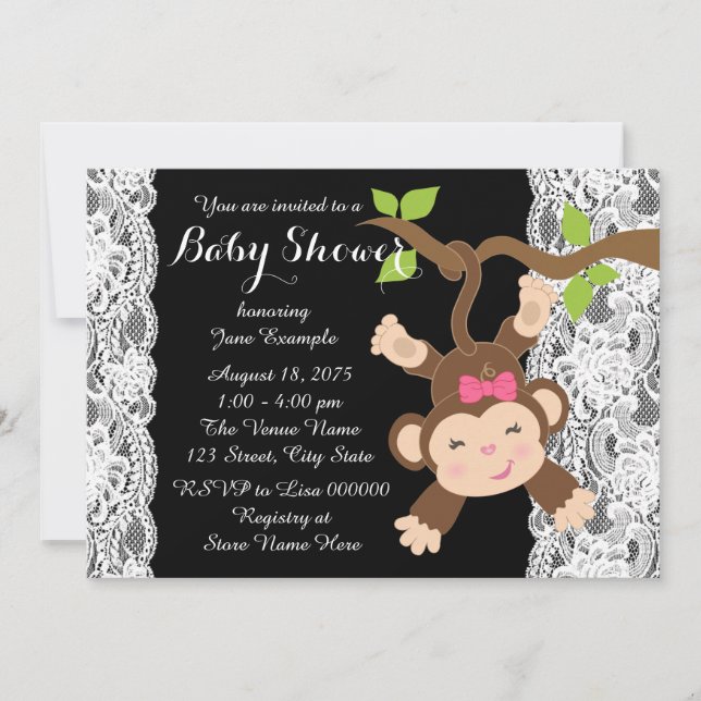White Lace Monkey Baby Girl Shower Invitation (Front)