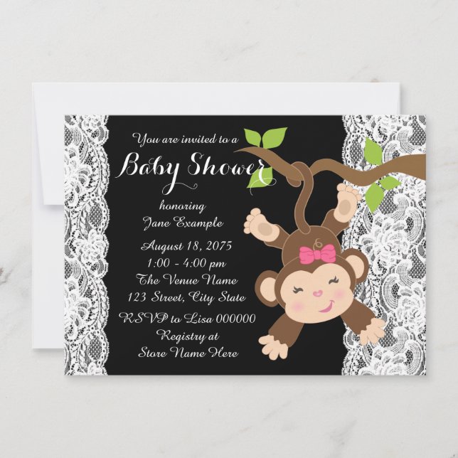 White Lace Monkey Baby Girl Shower Invitation (Front)