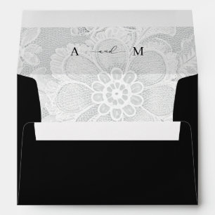 White Lace Monogram Elegant Black Wedding Envelope