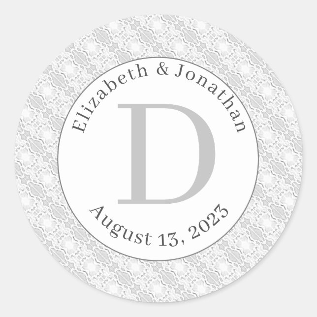 White Lace Monogrammed Wedding Classic Round Sticker (Front)