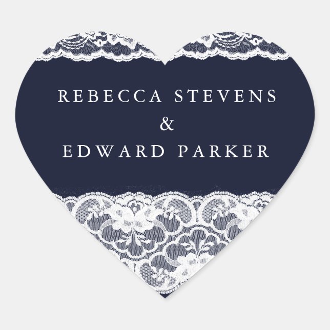 White Lace Navy Blue Elegant Modern Wedding Heart Sticker (Front)