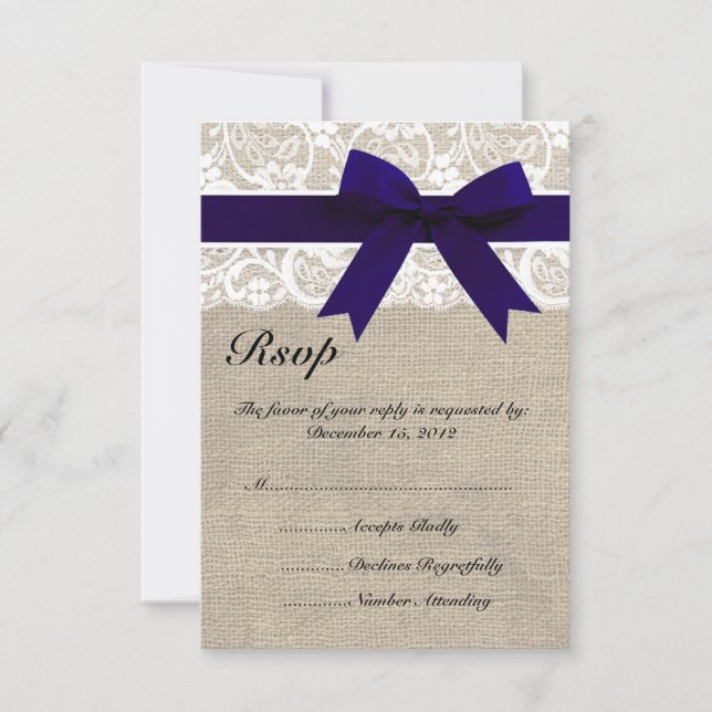 White Lace NavyRibbon and Burlap Wedding RSVP Card (Front)