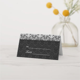 White Lace On Black Damask Place Card