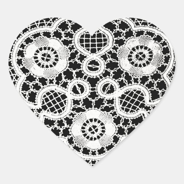 White Lace on Black (Heart-Shaped Stickers) Heart Sticker (Front)
