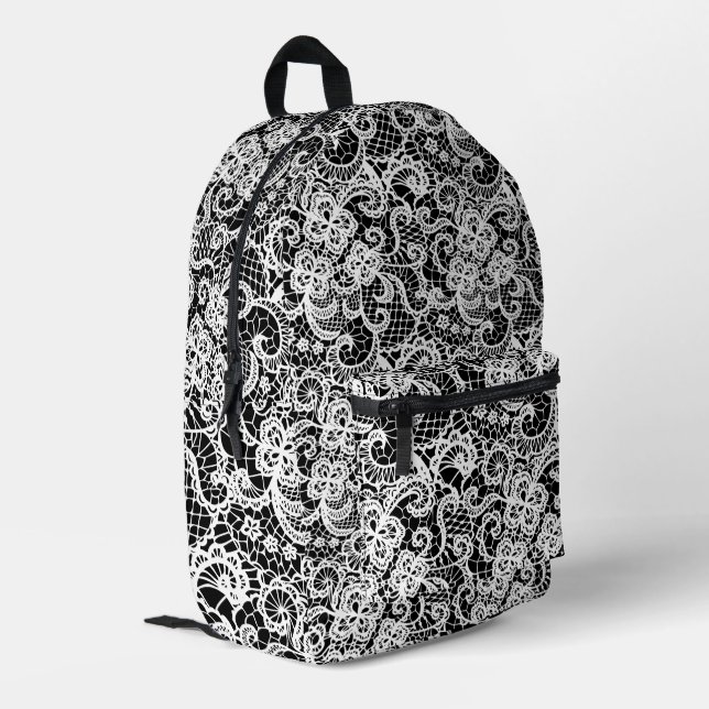 White Lace On Black Printed Backpack (Back Corner Left)