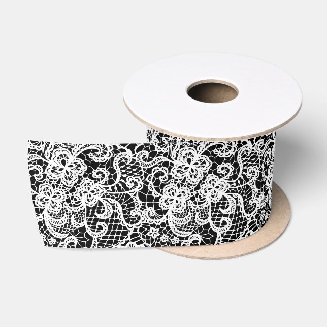 White Lace on Black Satin Ribbon (Spool)