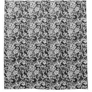 White Lace on Black Shower Curtain