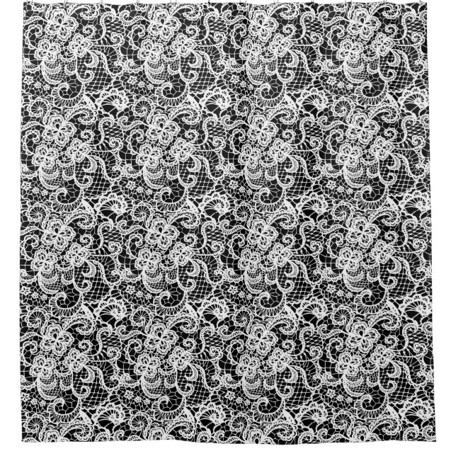 White Lace on Black Shower Curtain (Front)