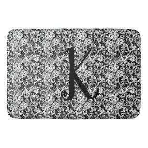 White Lace on Black with Monogram Bath Mat