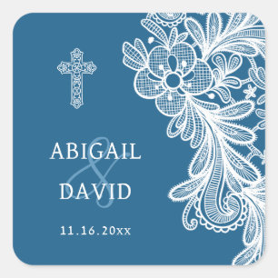 White Lace on Blue Religious Wedding Square Sticker