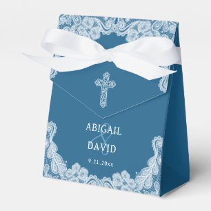 White Lace on Blue Religious Wedding Tent Favor Box
