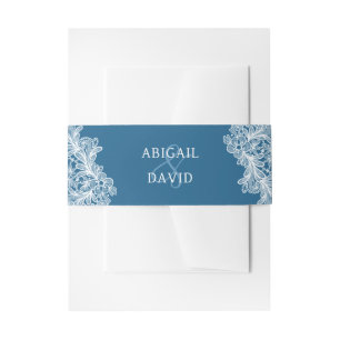 White Lace on Blue Wedding Invitation Belly Band