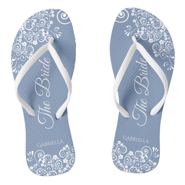 White Lace on Dusty Blue Elegant Bride's Wedding Flip Flops (Footbed)