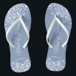 White Lace on Dusty Blue Maid of Honour Wedding Flip Flops<br><div class="desc">These beautiful wedding flip flops are a great way to thank and recognize your Maid of Honour while saving her feet at the same time. Features an elegant design with white floral lace filigree on a dusty blue background. The elegant script lettering reads Maid of Honour with her name below....</div>