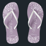 White Lace on Dusty Purple Maid of Honour Wedding Flip Flops<br><div class="desc">These beautiful wedding flip flops are a great way to thank and recognize your Maid of Honour while saving her feet at the same time. Features an elegant design with white floral lace filigree on a dusty purple, lilac, or lavender coloured background. The elegant script lettering reads Maid of Honour...</div>