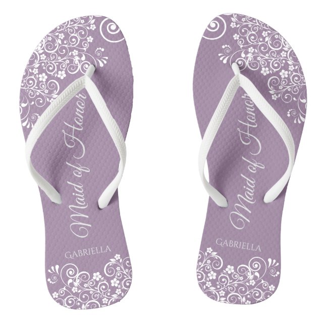 White Lace on Dusty Purple Maid of Honour Wedding Flip Flops (Footbed)