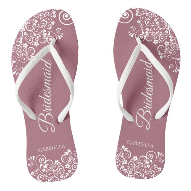 White Lace on Dusty Rose Bridesmaid Wedding Flip Flops (Footbed)