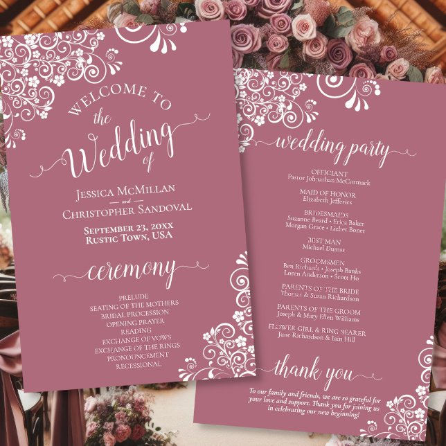 White Lace on Dusty Rose Budget Wedding Program (Front/Back)